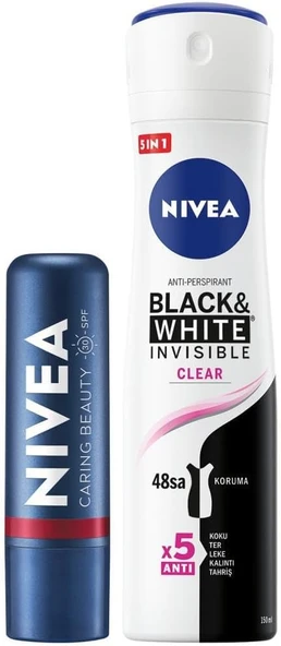 NIVEA Kadın Sprey Deodorant Black&White Invisible Clear 150ml,Kırmızı Renkli Dudak Bakım Kremi,Nemlendirme ürün görseli 1