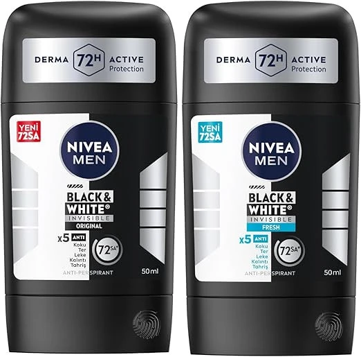 NIVEA Men Erkek Stick Deodorant Black&White Invisible Original 48 Saat Anti-Perspirant Koruma, 50 ml + NIVEA Men Erkek Stick Deodorant Black&White Invisible Fresh 48 Saat Koruma, 50 ml X2 ürün görseli 1