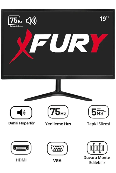 FURY 19" Geniş Ekran 75 Hz 5ms DAHİLİ HOPARLÖR (VGA,HDMI,SES) Sesli Led Monitör