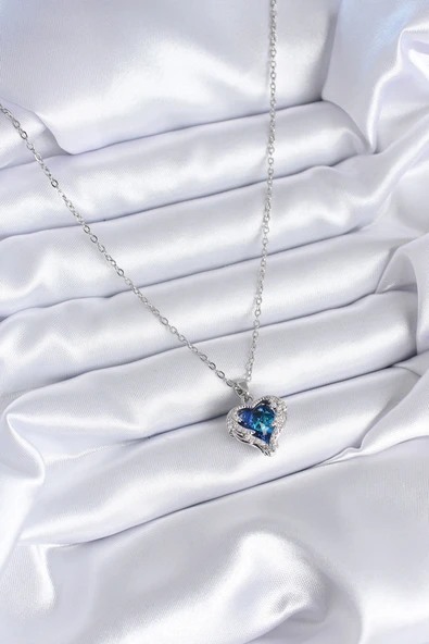 316L Çelik Gümüş Renk Mavi Kristal Kalp Model Zirkon Taşlı Kadın Kolye - TJ-BKO7772 - Resim 2