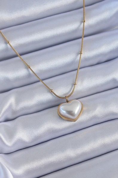 316L Çelik Gold Renk İncili Kalp Model Minimal Top Detay Kadın Kolye - TJ-BKO7615 ürün görseli 1