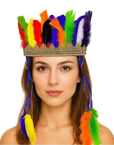 CEYLAN ADAM   Rengarenk Tüylerle İşlenmiş Lastikli Kızılderili Başlığı - Resim 2