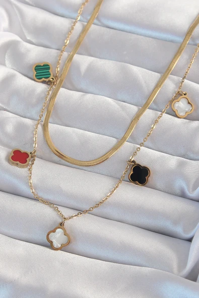 316L Çelik Gold Renk İtalyan Zincirli Renkli Mineli Çoklu Yonca Kolye - TJ-BKO8973 ürün görseli 1