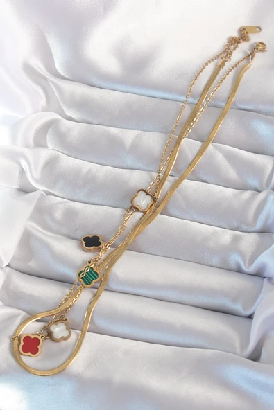 316L Çelik Gold Renk İtalyan Zincirli Renkli Mineli Çoklu Yonca Kolye - TJ-BKO8973 - Resim 2