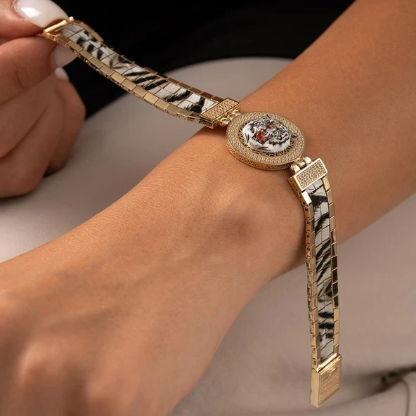 Özel Tasarım Beyaz Kaplan Altın Bileklik - Resim 2