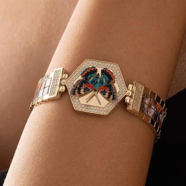 Özel Tasarım Renkli Kelebek Altın Bileklik - Resim 3