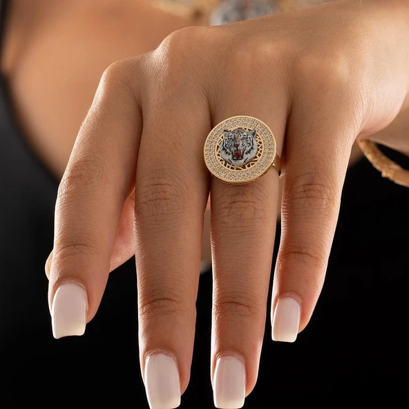 Özel Tasarım Beyaz Kaplan Altın Yüzük ürün görseli