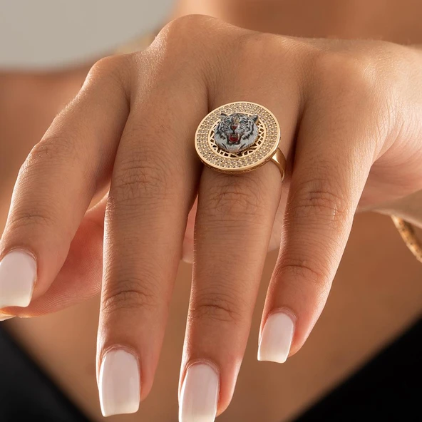 Özel Tasarım Beyaz Kaplan Altın Yüzük - Resim 2