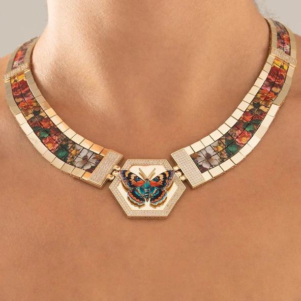 Özel Tasarım Renkli Kelebek Altın Kolye ürün görseli