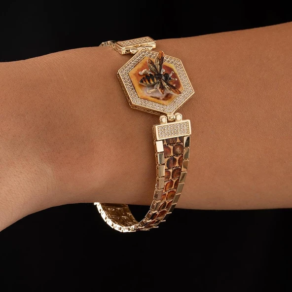 Özel Tasarım Arı Figürlü Altın Bileklik - Resim 5