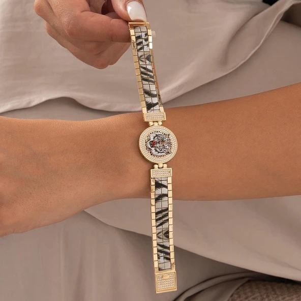 Özel Tasarım Beyaz Kaplan Altın Bileklik - Resim 4