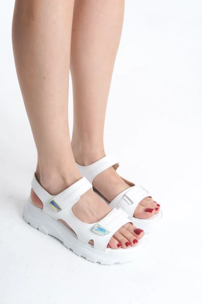 JET-LAMIA Cırt Cırtlı Ortopedik Taban Kadın Sandalet CBT - Beyaz ürün görseli