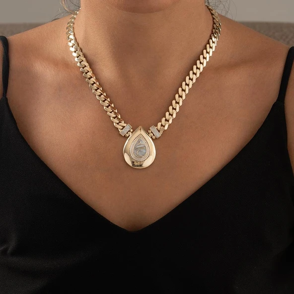 Mavi Mineli Özel Damla Tasarım Altın Kolye ürün görseli