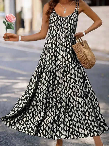 Kadın Askılı Yuvarlak Yaka Fırfırlı Desenli Uzun Bürümcük Elbise - Resim 2