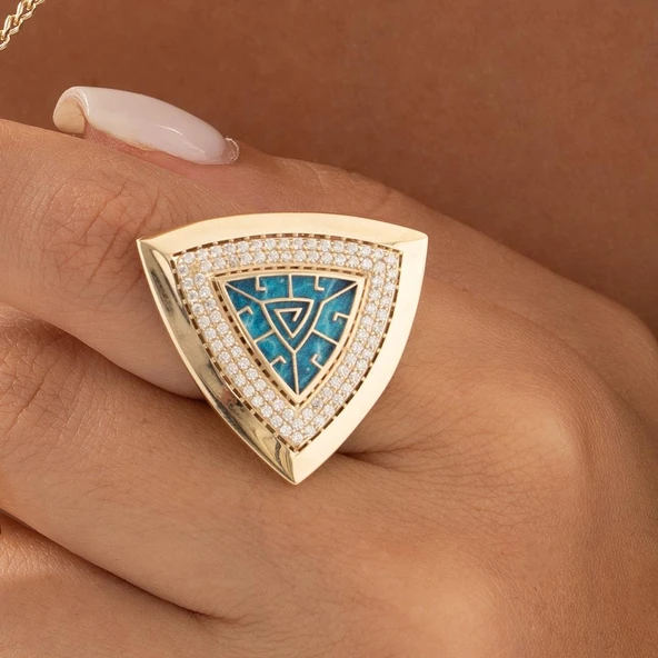 Özel Üçgen Tasarım Altın Yüzük - Resim 2