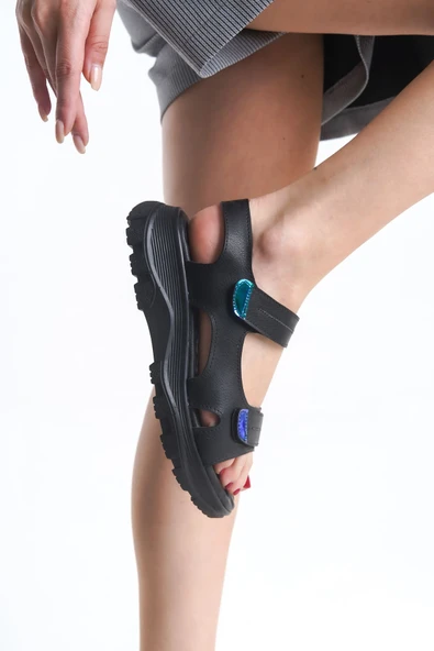 JET-LAMIA Cırt Cırtlı Ortopedik Taban Kadın Sandalet CST - Siyah - Resim 2