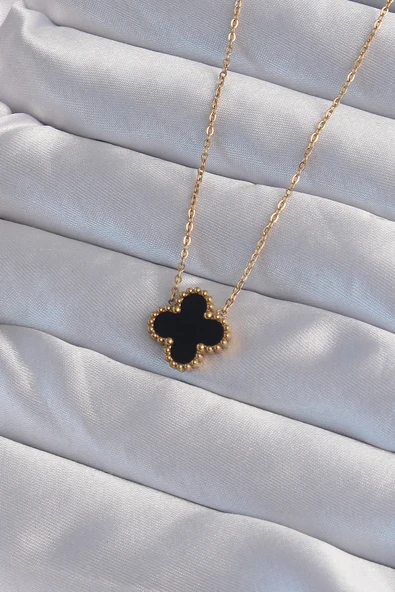 316L Çelik Gold Renk Siyah Mineli Yonca Kolye - TJ-BKO9008 ürün görseli 1