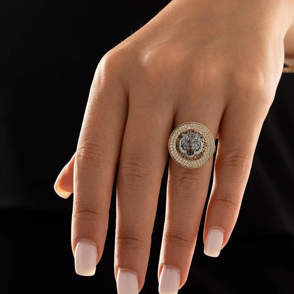 Özel Tasarım Beyaz Kaplan Altın Yüzük - Resim 3