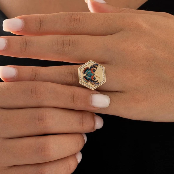 Özel Tasarım Renkli Kelebek Altın Yüzük - Resim 2