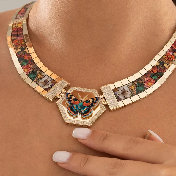 Özel Tasarım Renkli Kelebek Altın Kolye - Resim 2