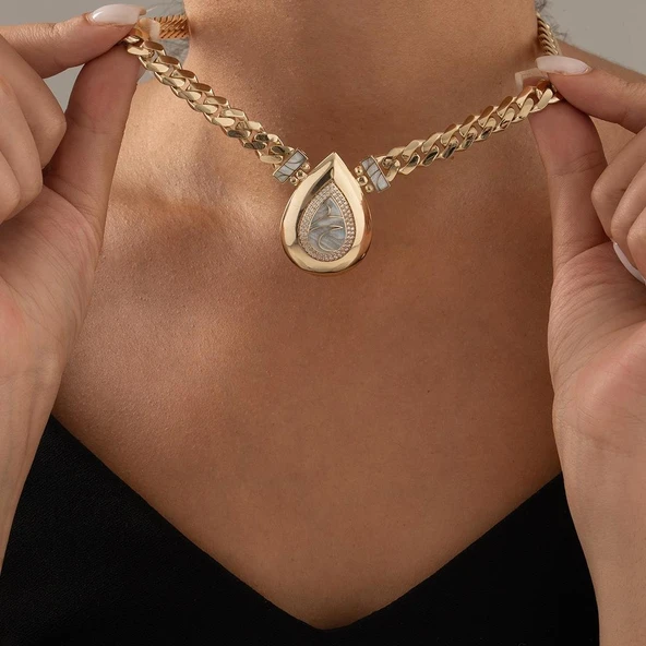 Mavi Mineli Özel Damla Tasarım Altın Kolye - Resim 2