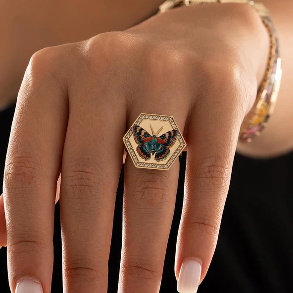 Özel Tasarım Renkli Kelebek Altın Yüzük - Resim 3