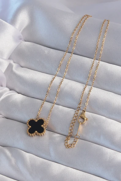 316L Çelik Gold Renk Siyah Mineli Yonca Kolye - TJ-BKO9008 - Resim 2