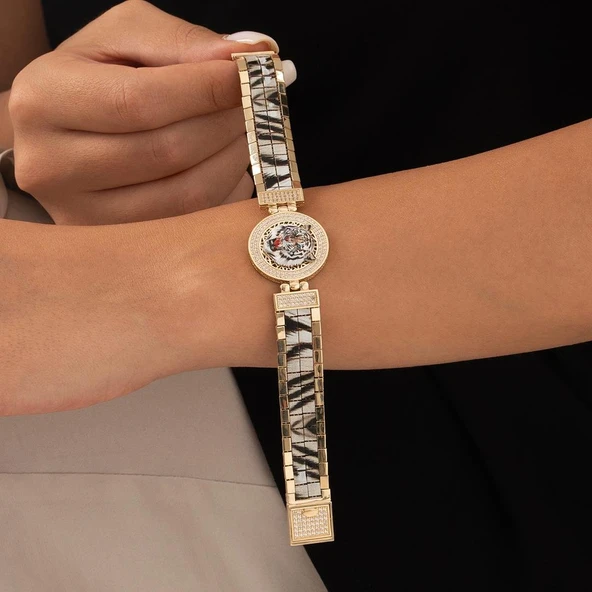 Özel Tasarım Beyaz Kaplan Altın Bileklik - Resim 6