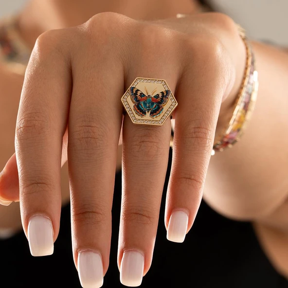 Özel Tasarım Renkli Kelebek Altın Yüzük ürün görseli