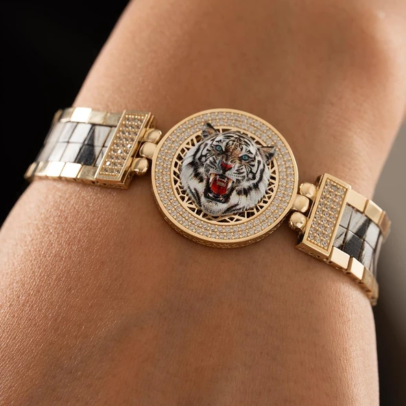 Özel Tasarım Beyaz Kaplan Altın Bileklik - Resim 5
