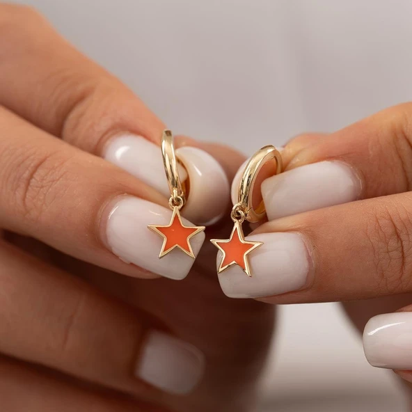 Turuncu Mineli Yıldız Figürlü Minimal 14 Ayar Altın Küpe