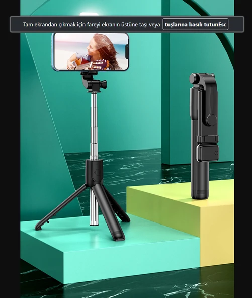 SİYAH RENK IŞIKLI BLUETOOTH KUMANDALI DİKEY VE YATAY ÇEKİM TRİPODLU SELFİE ÇUBUĞU ÖZ ÇEKİM TRİPODU - Resim 2