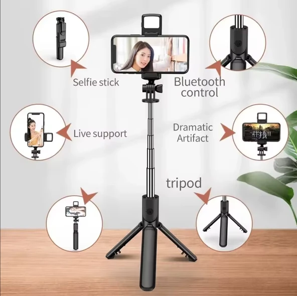 SİYAH RENK IŞIKLI BLUETOOTH KUMANDALI DİKEY VE YATAY ÇEKİM TRİPODLU SELFİE ÇUBUĞU ÖZ ÇEKİM TRİPODU - Resim 4