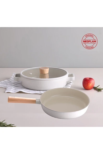 Fika Alüminyum Döküm Cam Kapaklı 26 cm Sığ Tencere & Tava Seti Bej ürün görseli 1