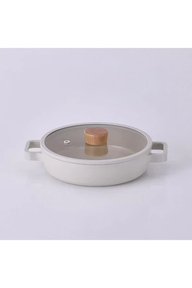 Fika Cam Kapaklı Alüminyum Döküm Sahan 22 cm Bej