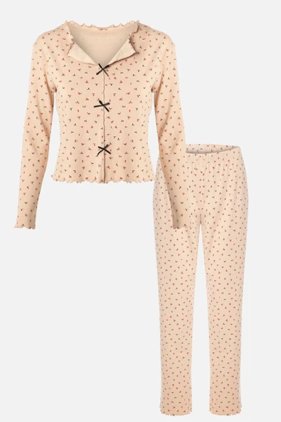 Kadın Pamuklu Çıtır Çiçek Desenli Baby Overloklu Fiyonk Detaylı Uzun Kollu Pijama Takımı - 1