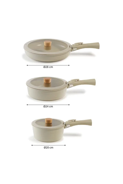 Midas Bej ( 9 Parça & 6 Parça ) 15 Parça Ayrılabilen Saplı Iç Içe Geçebilen Tencere Tava Seti - Resim 5