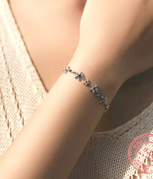 Blue Blossom 925 Ayar Gümüş Çiçek Kadın Bileklik - Resim 2