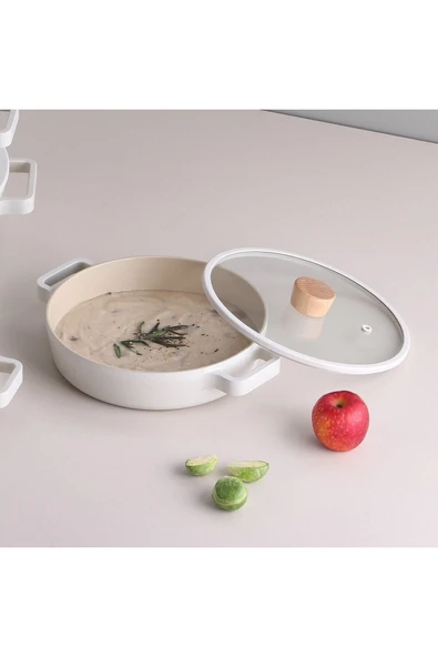 Fika Cam Kapaklı Alüminyum Döküm Sahan 22 cm Bej - 4