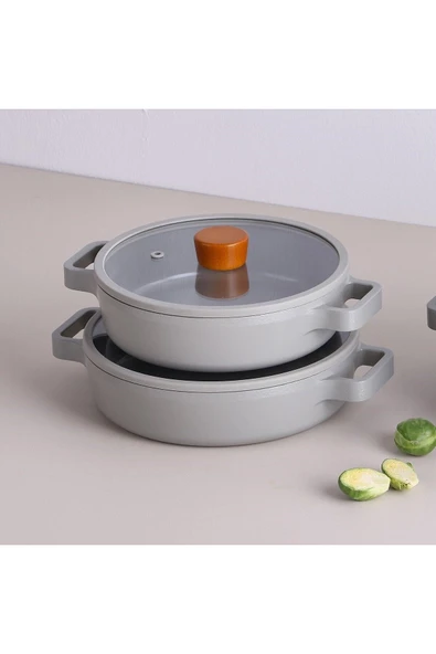 Fika Cam Kapaklı Alüminyum Döküm 2'li Sahan Seti Gri 20-22 cm - Resim 4