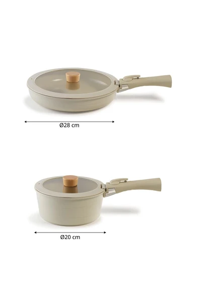 Midas Bej ( 9 Parça & 6 Parça ) 15 Parça Ayrılabilen Saplı Iç Içe Geçebilen Tencere Tava Seti - Resim 2