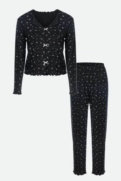 Kadın Pamuklu Çıtır Çiçek Desenli Baby Overloklu Fiyonk Detaylı Uzun Kollu Pijama Takımı - 9