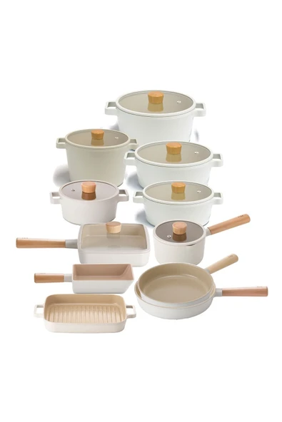 Fika Alüminyum Döküm Cam Kapaklı 18 Parça Tencere & Tava Seti Bej15t16s18d22k22d24k26d24t26t28g29t