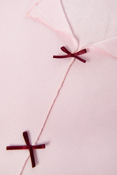Kadın Pamuklu Çıtır Çiçek Desenli Baby Overloklu Fiyonk Detaylı Uzun Kollu Pijama Takımı - 8