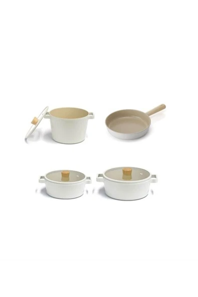 Fika Alüminyum Döküm 7 Parça Bej Cam Kapaklı Tencere Tava Seti - 2