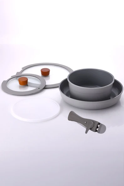 Midas Gri 6 Parça Ayrılabilen Saplı Iç Içe Geçebilen Tencere Tava Seti