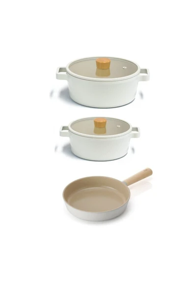 Fika Bej 5 Parça Cam Kapaklı Döküm Tencere Tava Seti 22k24k24t