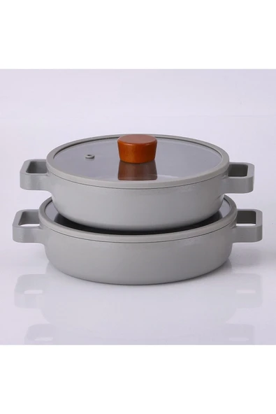 Fika Cam Kapaklı Alüminyum Döküm 2'li Sahan Seti Gri 20-22 cm ürün görseli 1