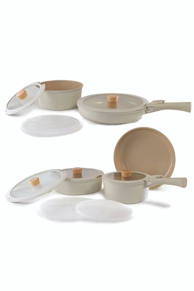 Midas Bej ( 9 Parça & 6 Parça ) 15 Parça Ayrılabilen Saplı Iç Içe Geçebilen Tencere Tava Seti ürün görseli 1