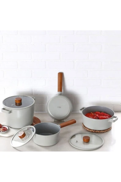 Fika Alüminyum Döküm Gri 7 Parça Cam Kapaklı Tencere Tava Seti